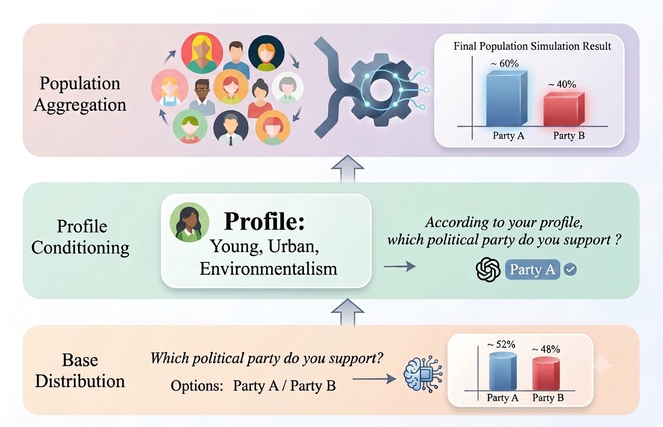 LLM-based human behavior simulation as a hierarchical structure: base distribution, profile conditioning, and population aggregation.